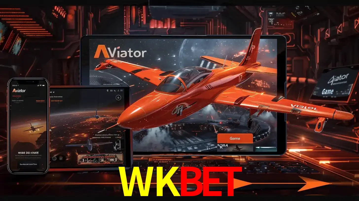 Apresentação tecnológica do jogo Aviator com um avião saindo da tela de um tablet, demonstrando a experiência imersiva em múltiplos dispositivos no WKBET.
