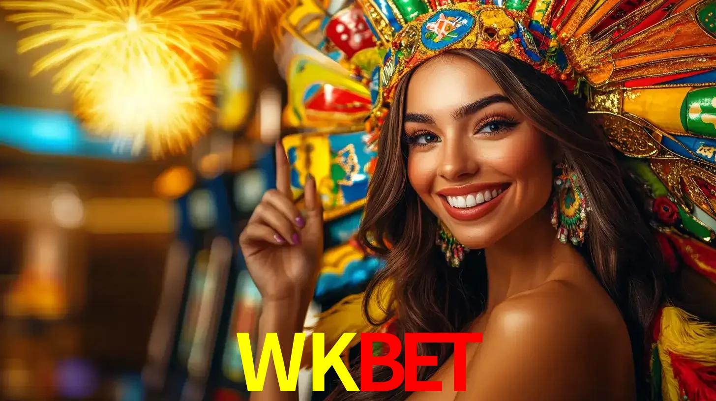 Mulher sorridente com um cocar de carnaval vibrante e colorido, celebrando uma grande vitória nos jogos do cassino WKBET com fogos de artifício ao fundo.