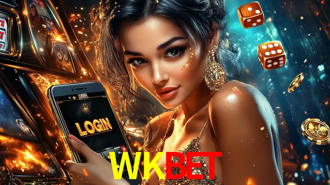 Mulher glamourosa segurando um celular com a tela de login do cassino WKBET, rodeada por dados e moedas douradas, pronta para começar a diversão.