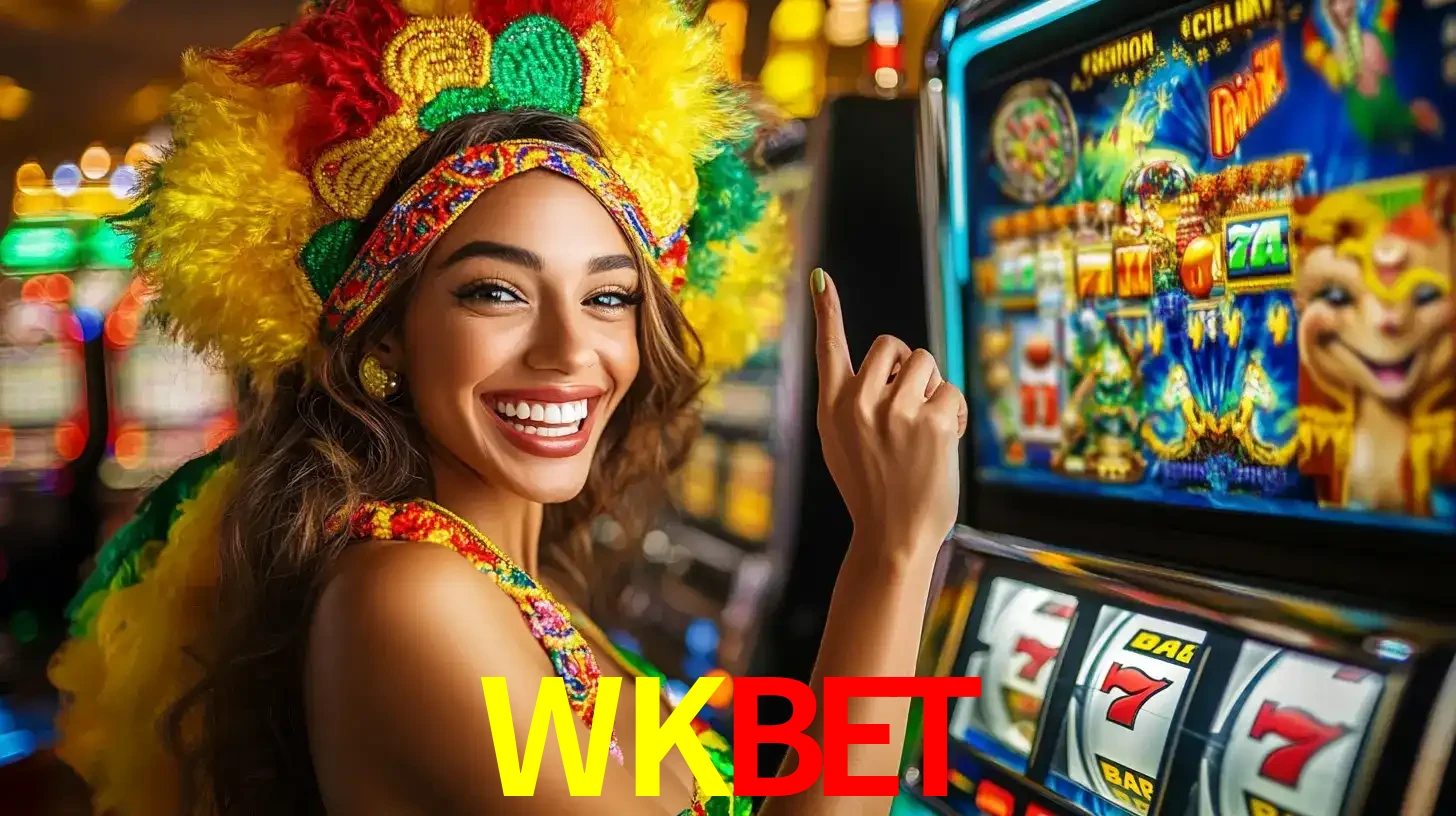 Mulher animada com um cocar de carnaval apontando para uma máquina de caça-níqueis, mostrando a emoção de ganhar um grande prêmio nos jogos do WKBET.