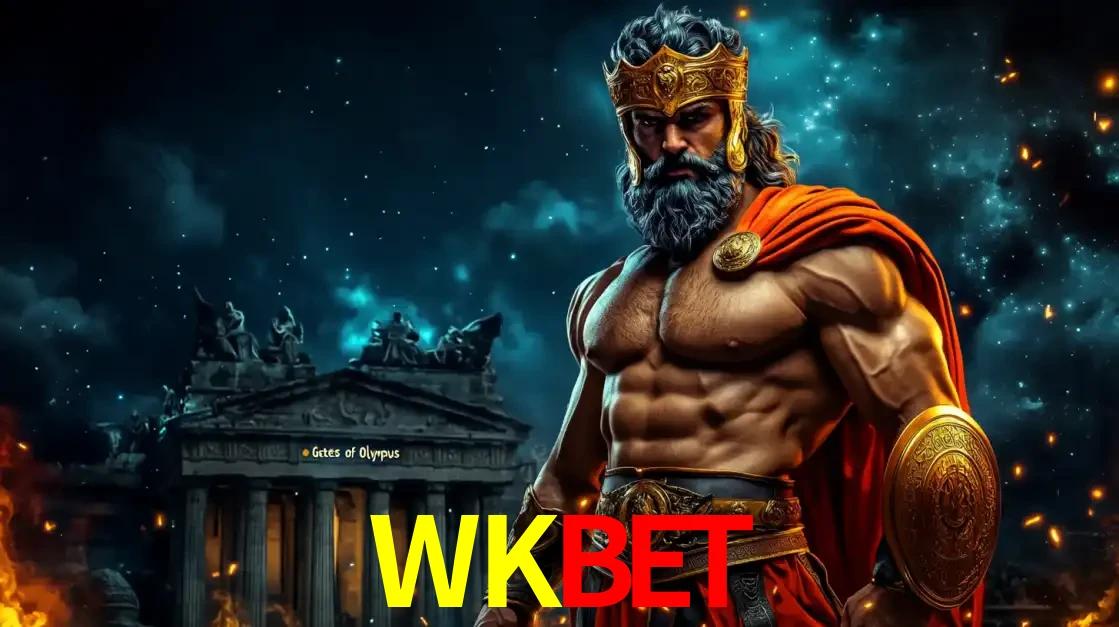 O poderoso Zeus do jogo de slot Gates of Olympus em frente ao seu templo, pronto para lançar multiplicadores divinos e prêmios épicos no cassino online WKBET.