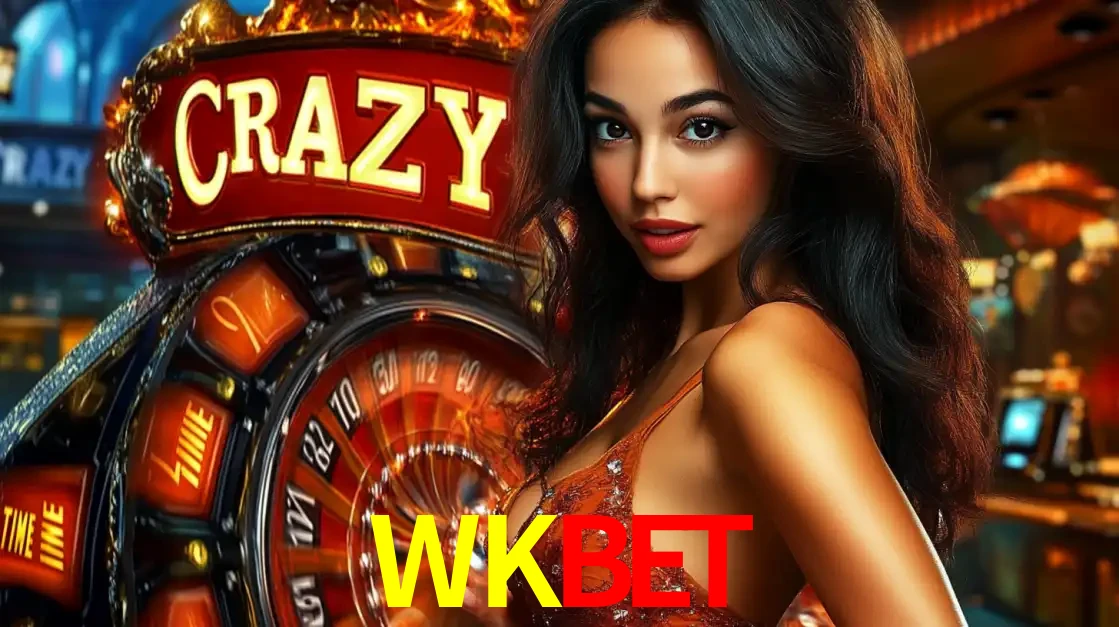 Mulher glamourosa olhando para a câmera com a roda vermelha do Crazy Time ao fundo em um ambiente de cassino, destacando a emoção dos jogos ao vivo no WKBET.