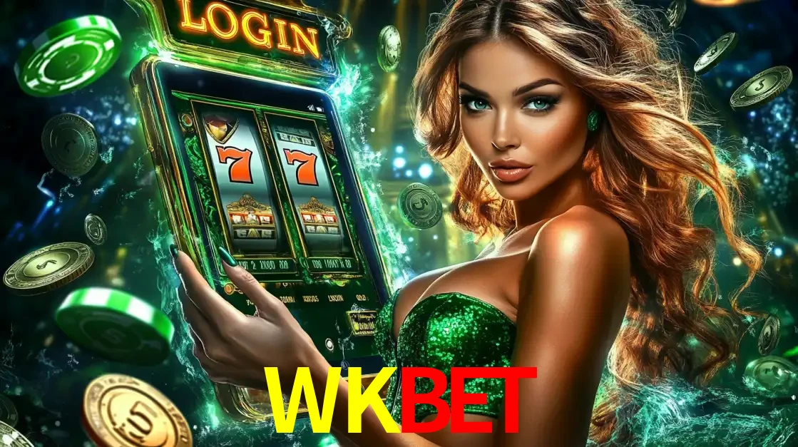 Mulher com tema verde apresentando o aplicativo do cassino WKBET com um jogo de slot de 777, cercada por fichas de cassino e uma aura de sorte.