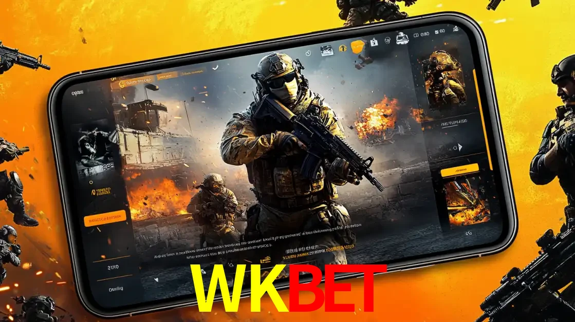 Um smartphone exibindo a interface de um jogo de tiro em primeira pessoa, com um soldado em um cenário de batalha, representando a ação dos e-sports para apostar no WKBET.
