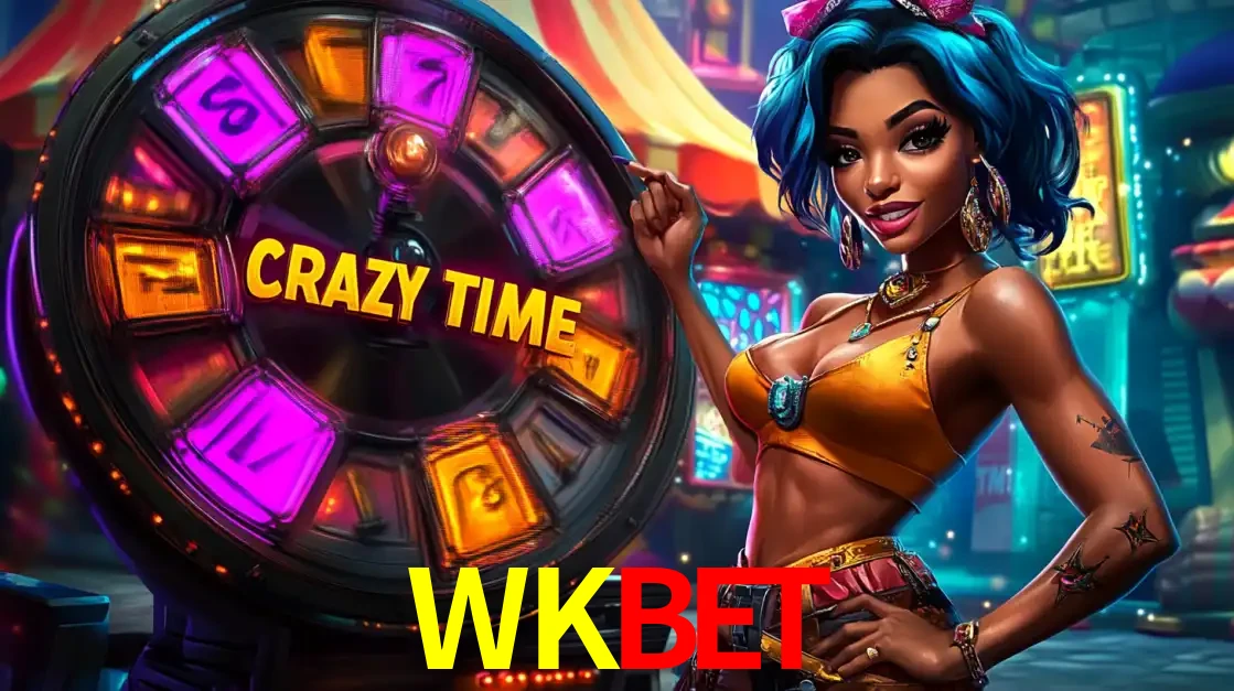 Mulher estilizada com cabelo azul e visual vibrante posando ao lado da roda de prêmios do game show Crazy Time, convidando para a diversão e os bônus do cassino WKBET.