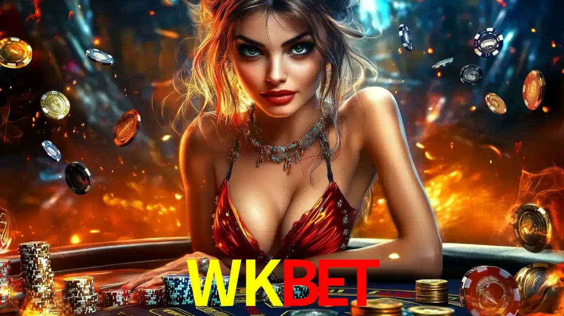 Mulher em uma mesa de cassino com pilhas de fichas e um fundo de fogo, pronta para uma rodada de altas apostas nos jogos de mesa emocionantes do cassino WKBET.
