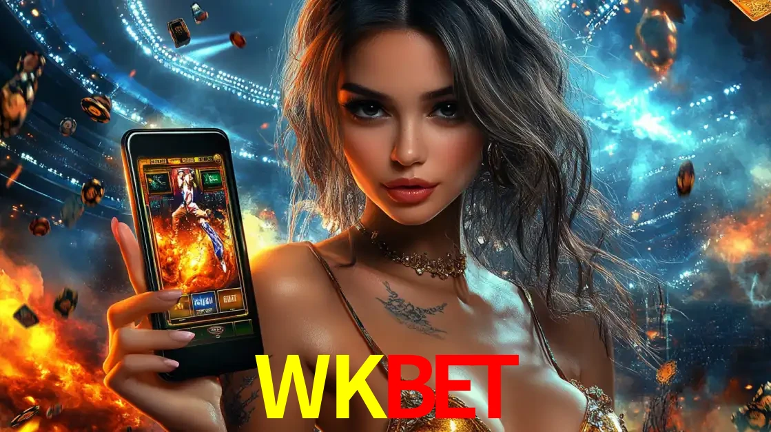 Mulher segurando um celular com um jogo de slot em destaque, tendo como fundo um estádio vibrante, simbolizando a emoção de jogar no cassino móvel WKBET.