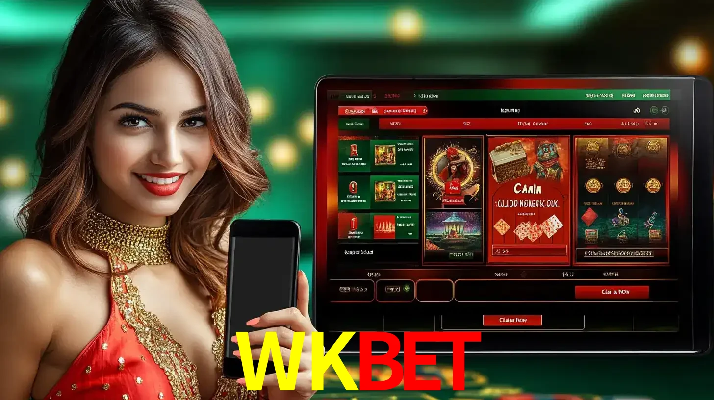 Mulher sorridente segurando um smartphone, ao lado de uma tela exibindo o lobby de jogos do cassino online WKBET, com várias opções de jogos de cartas e slots.
